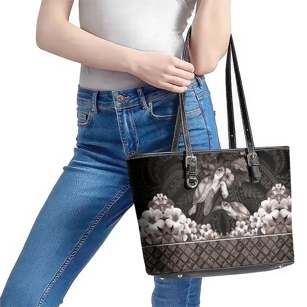 Hawaiian Lei Turtle and Plumeria Leather Tote Bag Polynerian Art Tattoo-Grayscale Mode LT03 - Polynesian Pride