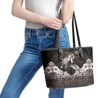 Hawaiian Lei Turtle and Plumeria Leather Tote Bag Polynerian Art Tattoo-Grayscale Mode LT03 - Polynesian Pride