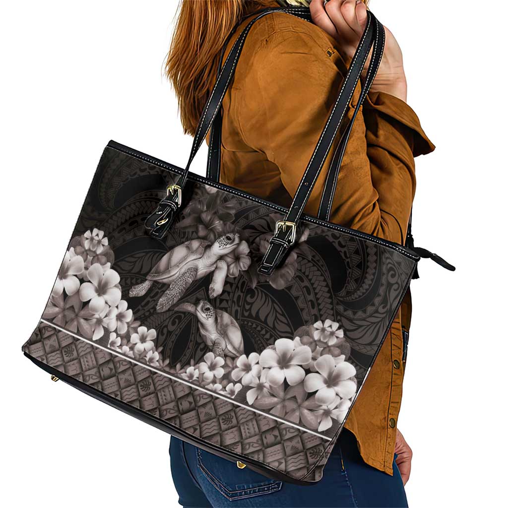 Hawaiian Lei Turtle and Plumeria Leather Tote Bag Polynerian Art Tattoo-Grayscale Mode LT03 - Polynesian Pride