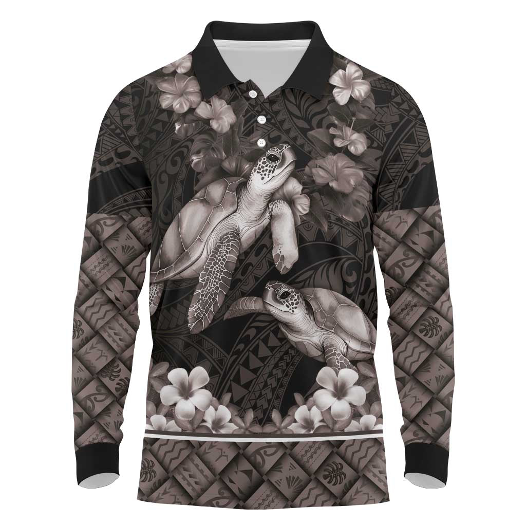 Hawaiian Lei Turtle and Plumeria Long Sleeve Polo Shirt Polynerian Art Tattoo-Grayscale Mode