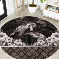 Hawaiian Lei Turtle and Plumeria Round Carpet Polynerian Art Tattoo-Grayscale Mode