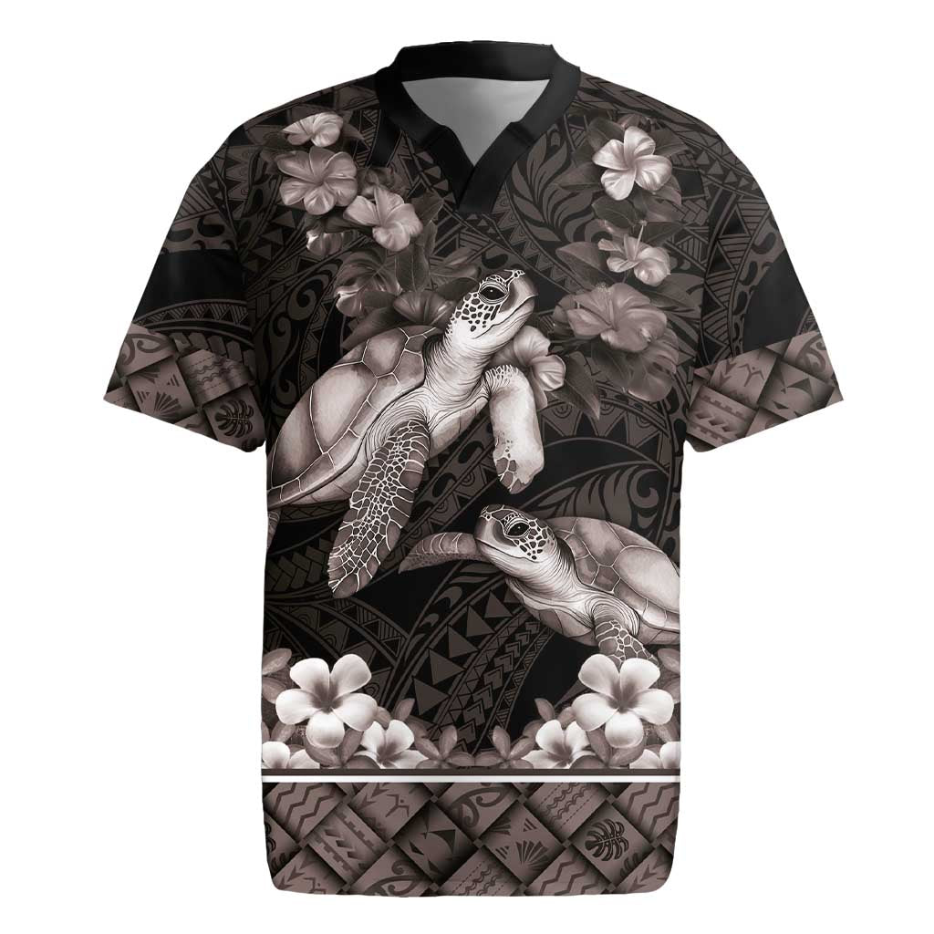 Hawaiian Lei Turtle and Plumeria Rugby Jersey Polynerian Art Tattoo-Grayscale Mode