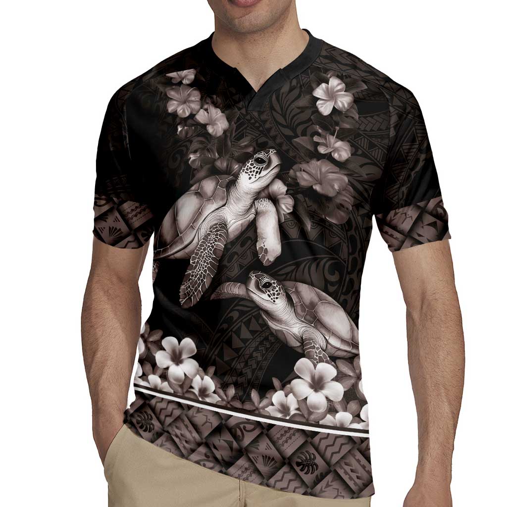Hawaiian Lei Turtle and Plumeria Rugby Jersey Polynerian Art Tattoo-Grayscale Mode