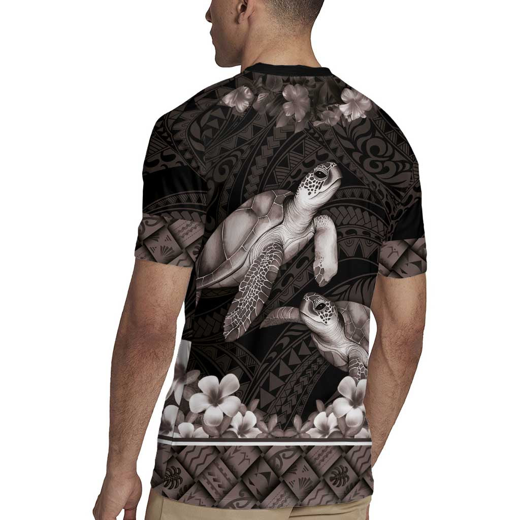 Hawaiian Lei Turtle and Plumeria Rugby Jersey Polynerian Art Tattoo-Grayscale Mode