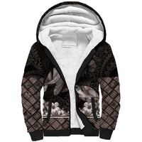 Hawaiian Lei Turtle and Plumeria Sherpa Hoodie Polynerian Art Tattoo-Grayscale Mode