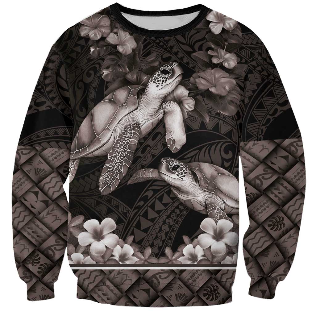 Hawaiian Lei Turtle and Plumeria Sweatshirt Polynerian Art Tattoo-Grayscale Mode
