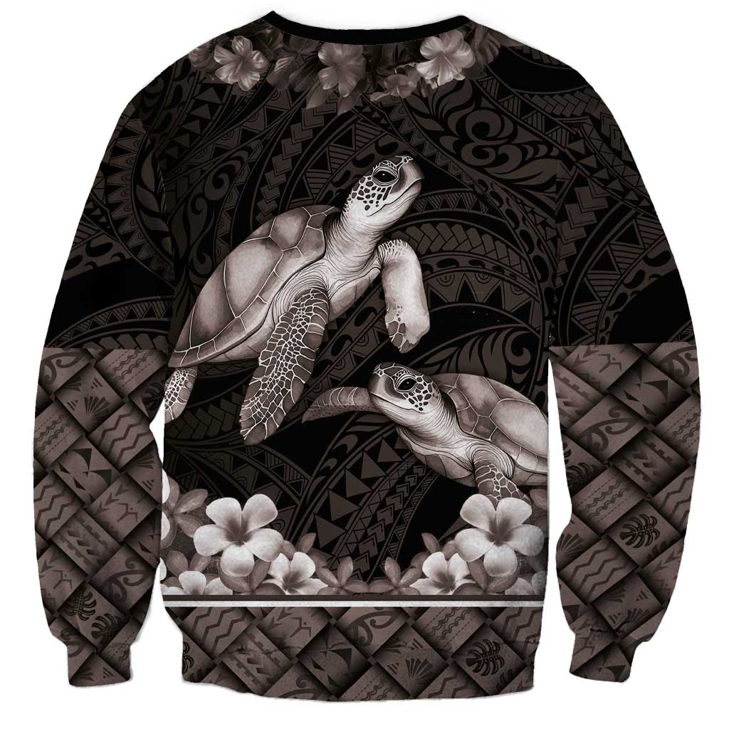 Hawaiian Lei Turtle and Plumeria Sweatshirt Polynerian Art Tattoo-Grayscale Mode