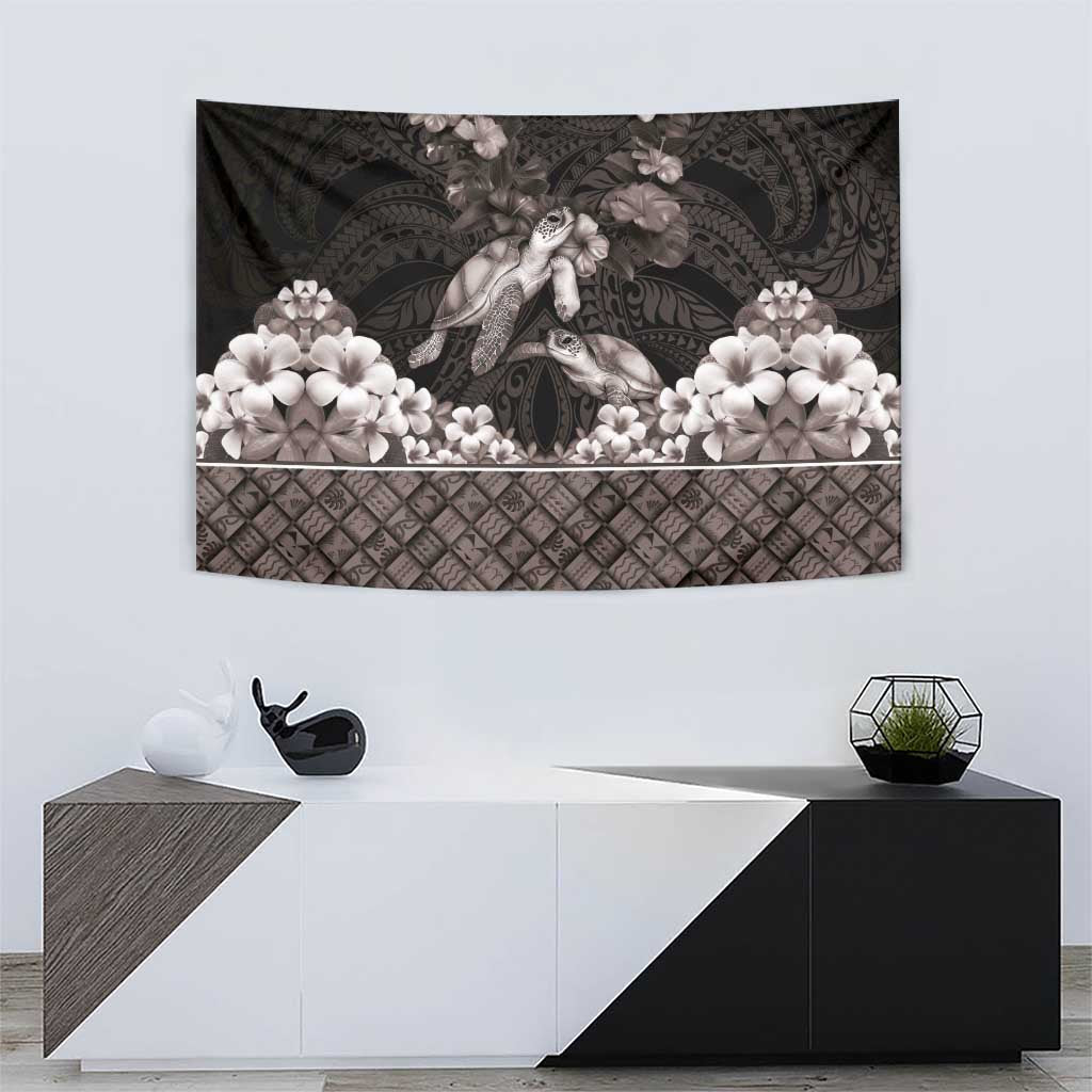 Hawaiian Lei Turtle and Plumeria Tapestry Polynerian Art Tattoo-Grayscale Mode