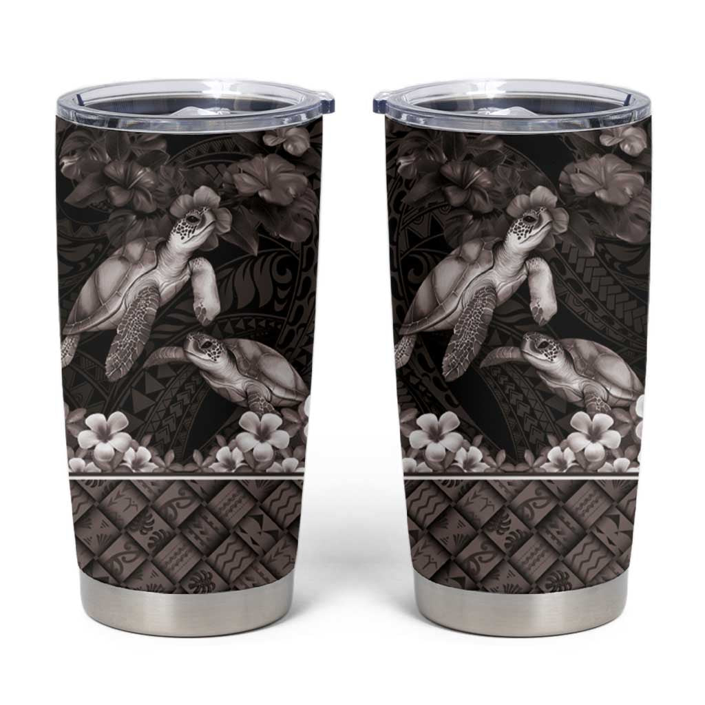 Hawaiian Lei Turtle and Plumeria Tumbler Cup Polynerian Art Tattoo-Grayscale Mode