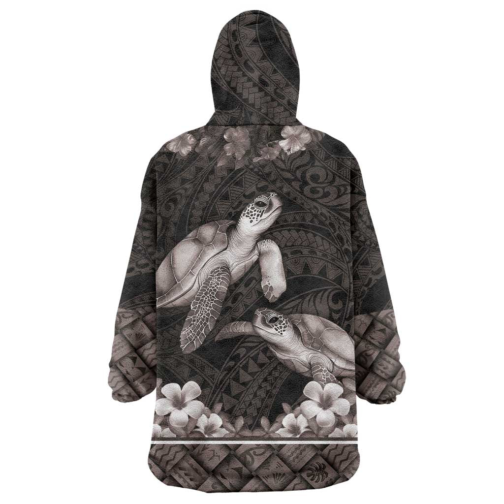 Hawaiian Lei Turtle and Plumeria Wearable Blanket Hoodie Polynerian Art Tattoo-Grayscale Mode