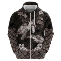 Hawaiian Lei Turtle and Plumeria Zip Hoodie Polynerian Art Tattoo-Grayscale Mode