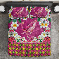 Hawaiian Plumeria and Humpback Whales Bedding Set Polynerian Art Tattoo-Plum Pink Color