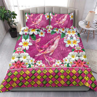Hawaiian Plumeria and Humpback Whales Bedding Set Polynerian Art Tattoo-Plum Pink Color