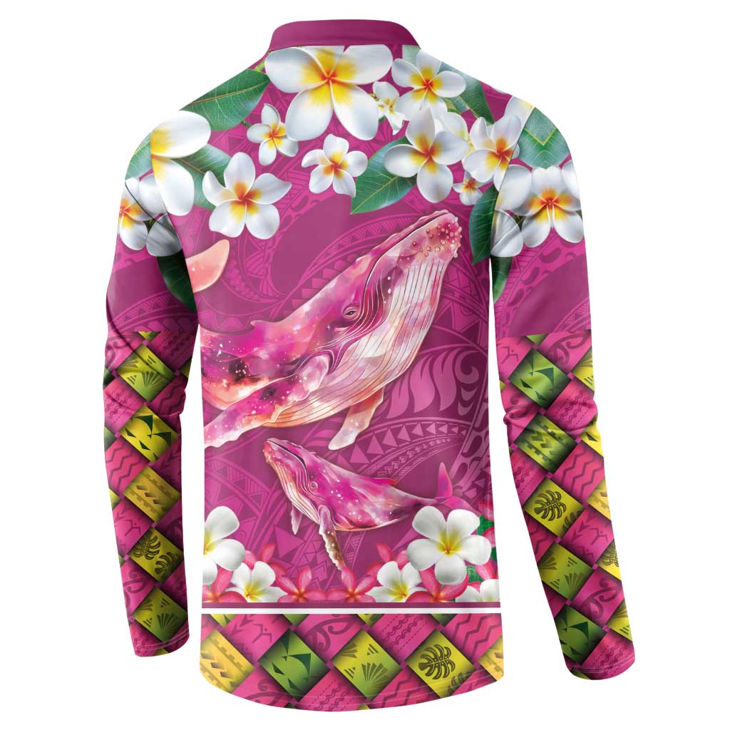 Hawaiian Plumeria and Humpback Whales Button Sweatshirt Polynerian Art Tattoo-Plum Pink Color