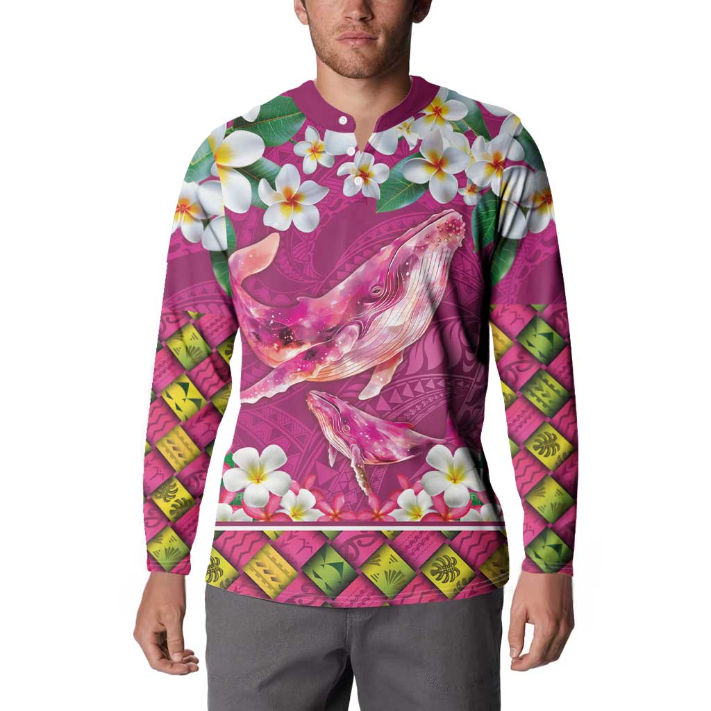 Hawaiian Plumeria and Humpback Whales Button Sweatshirt Polynerian Art Tattoo-Plum Pink Color
