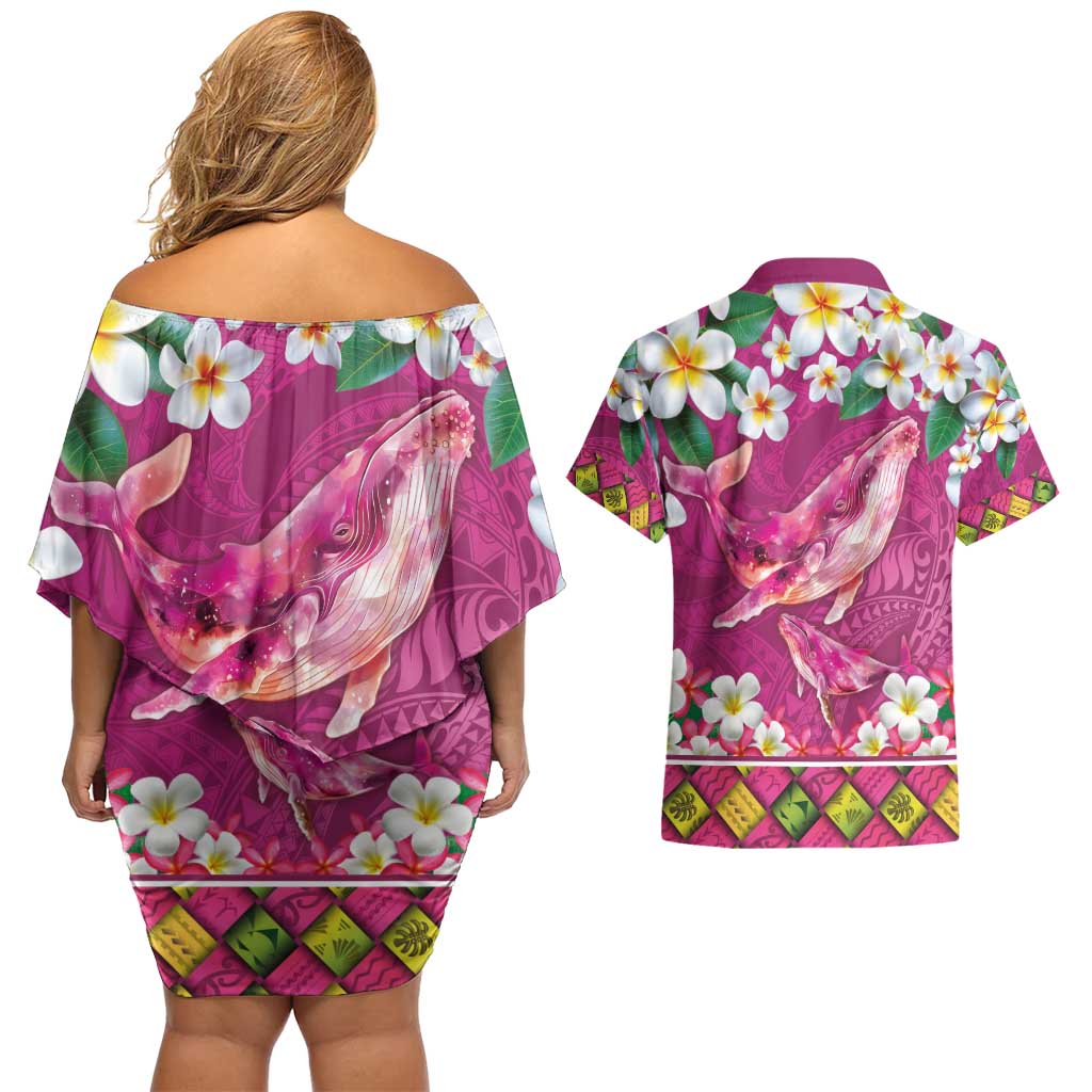 Hawaiian Plumeria and Humpback Whales Couples Matching Off Shoulder Short Dress and Hawaiian Shirt Polynerian Art Tattoo-Plum Pink Color