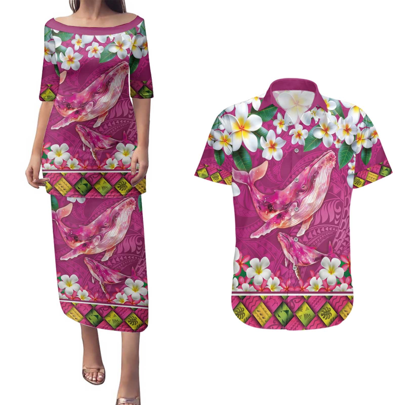 Hawaiian Plumeria and Humpback Whales Couples Matching Puletasi and Hawaiian Shirt Polynerian Art Tattoo-Plum Pink Color