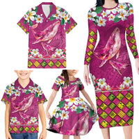 Hawaiian Plumeria and Humpback Whales Family Matching Long Sleeve Bodycon Dress and Hawaiian Shirt Polynerian Art Tattoo-Plum Pink Color LT03 - Polynesian Pride