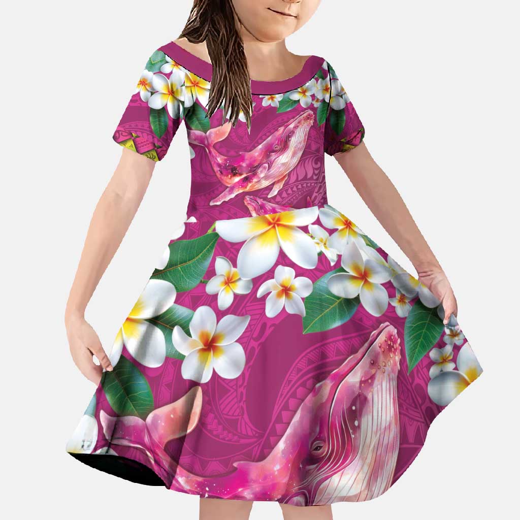 Hawaiian Plumeria and Humpback Whales Family Matching Mermaid Dress and Hawaiian Shirt Polynerian Art Tattoo-Plum Pink Color LT03 Daughter's Dress Pink - Polynesian Pride