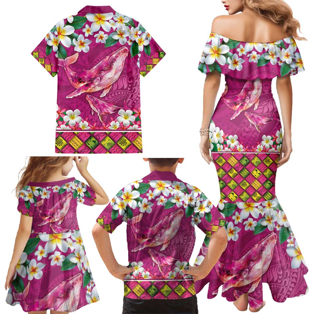 Hawaiian Plumeria and Humpback Whales Family Matching Mermaid Dress and Hawaiian Shirt Polynerian Art Tattoo-Plum Pink Color LT03 - Polynesian Pride