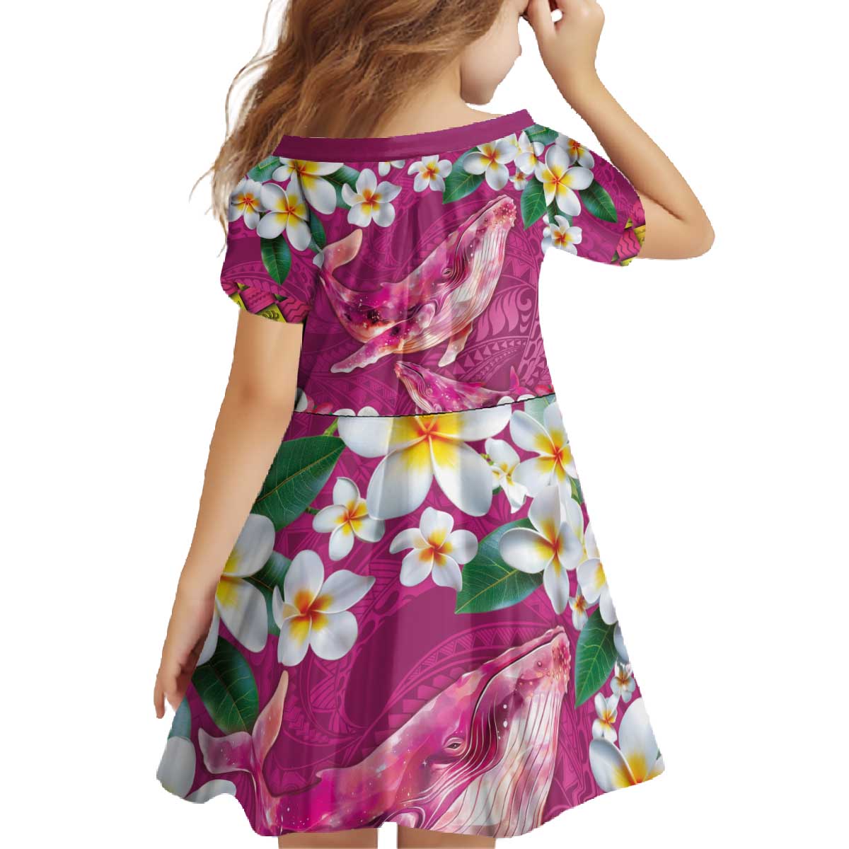 Hawaiian Plumeria and Humpback Whales Family Matching Off The Shoulder Long Sleeve Dress and Hawaiian Shirt Polynerian Art Tattoo-Plum Pink Color