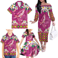 Hawaiian Plumeria and Humpback Whales Family Matching Off The Shoulder Long Sleeve Dress and Hawaiian Shirt Polynerian Art Tattoo-Plum Pink Color