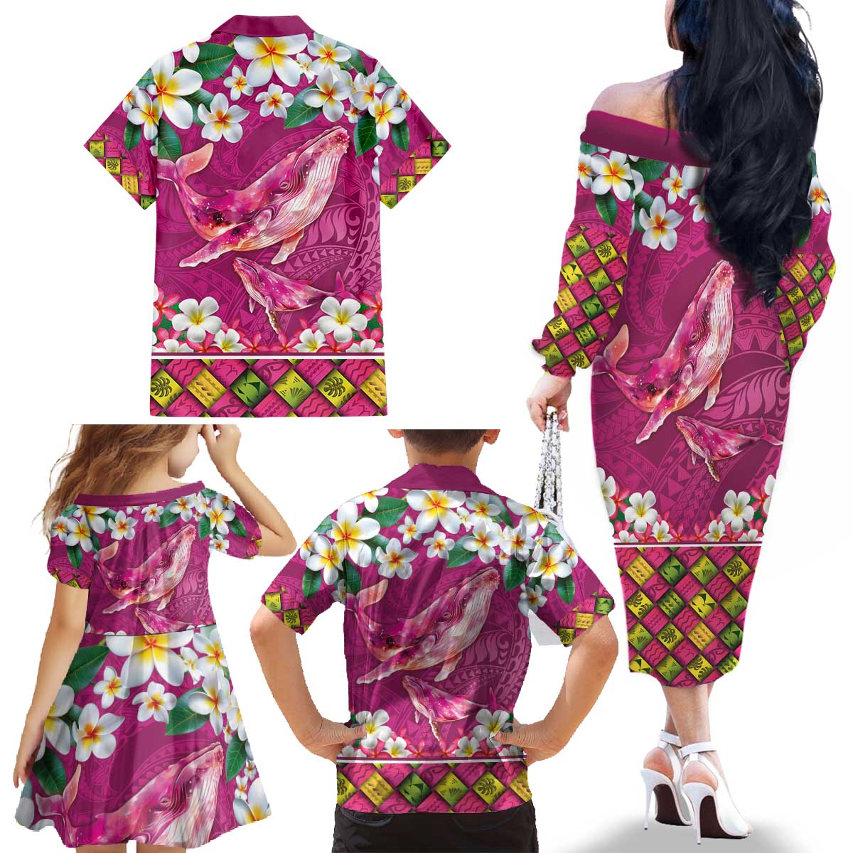 Hawaiian Plumeria and Humpback Whales Family Matching Off The Shoulder Long Sleeve Dress and Hawaiian Shirt Polynerian Art Tattoo-Plum Pink Color