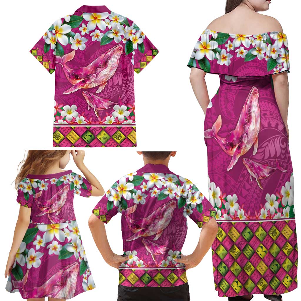 Hawaiian Plumeria and Humpback Whales Family Matching Off Shoulder Maxi Dress and Hawaiian Shirt Polynerian Art Tattoo-Plum Pink Color