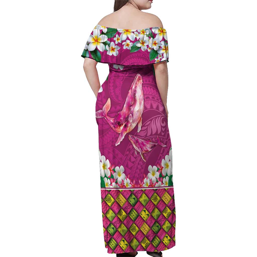 Hawaiian Plumeria and Humpback Whales Family Matching Off Shoulder Maxi Dress and Hawaiian Shirt Polynerian Art Tattoo-Plum Pink Color