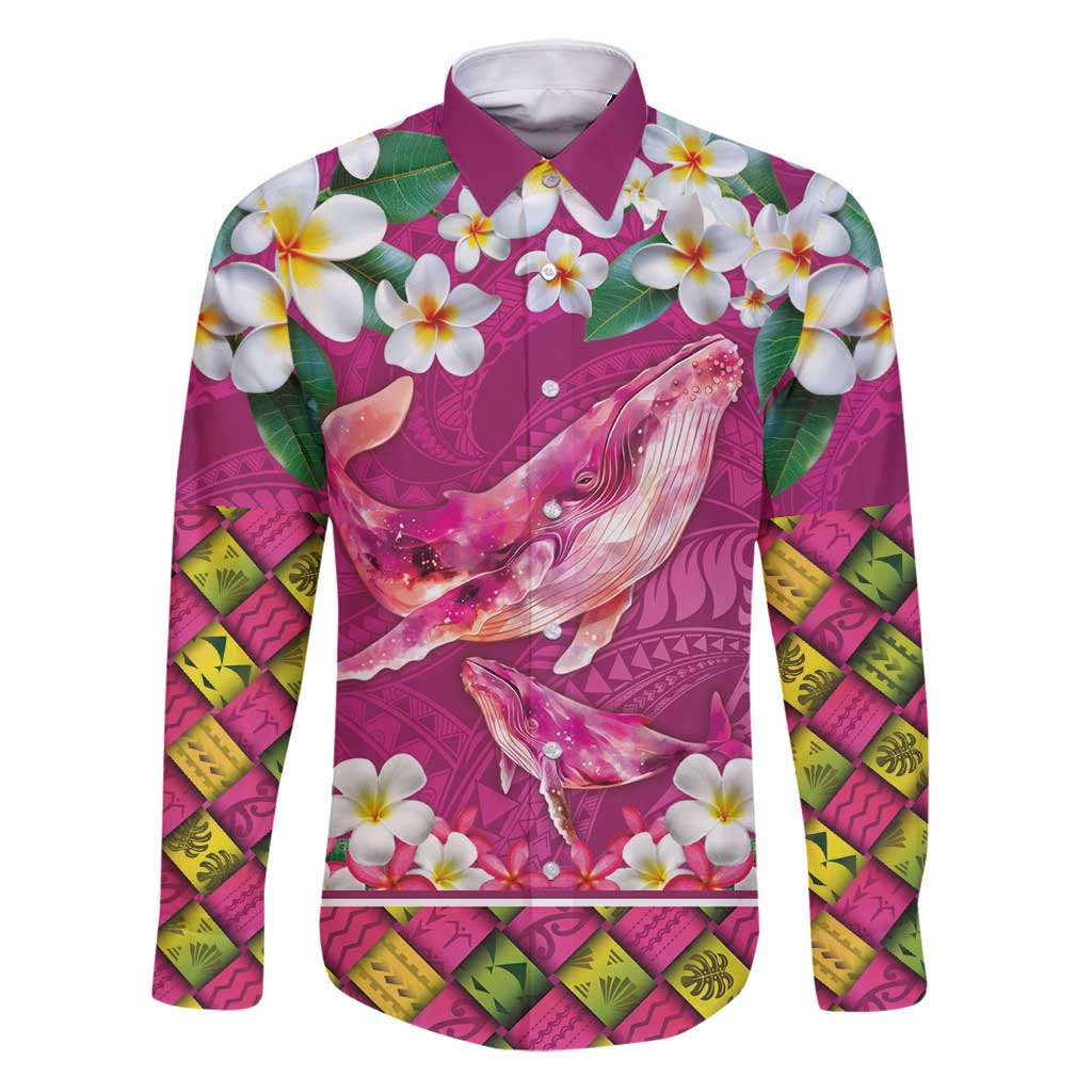 Hawaiian Plumeria and Humpback Whales Family Matching Puletasi and Hawaiian Shirt Polynerian Art Tattoo-Plum Pink Color LT03 Dad's Shirt - Long Sleeve Pink - Polynesian Pride