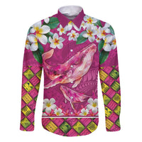 Hawaiian Plumeria and Humpback Whales Family Matching Puletasi and Hawaiian Shirt Polynerian Art Tattoo-Plum Pink Color LT03 Dad's Shirt - Long Sleeve Pink - Polynesian Pride
