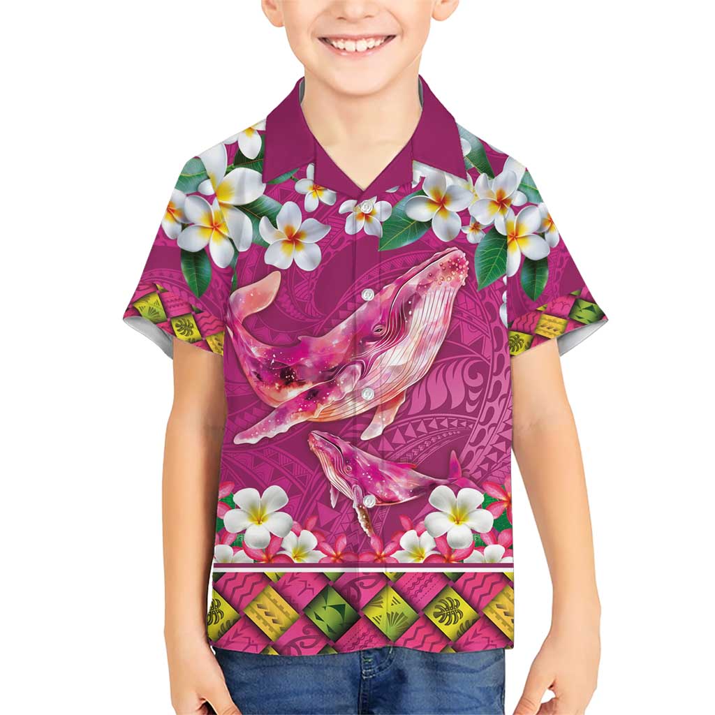Hawaiian Plumeria and Humpback Whales Family Matching Short Sleeve Bodycon Dress and Hawaiian Shirt Polynerian Art Tattoo-Plum Pink Color LT03 Son's Shirt Pink - Polynesian Pride