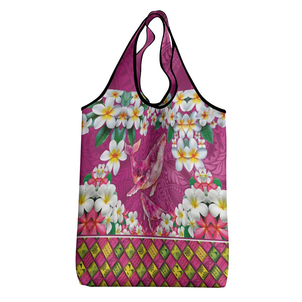 Hawaiian Plumeria and Humpback Whales Grocery Bag Polynerian Art Tattoo-Plum Pink Color