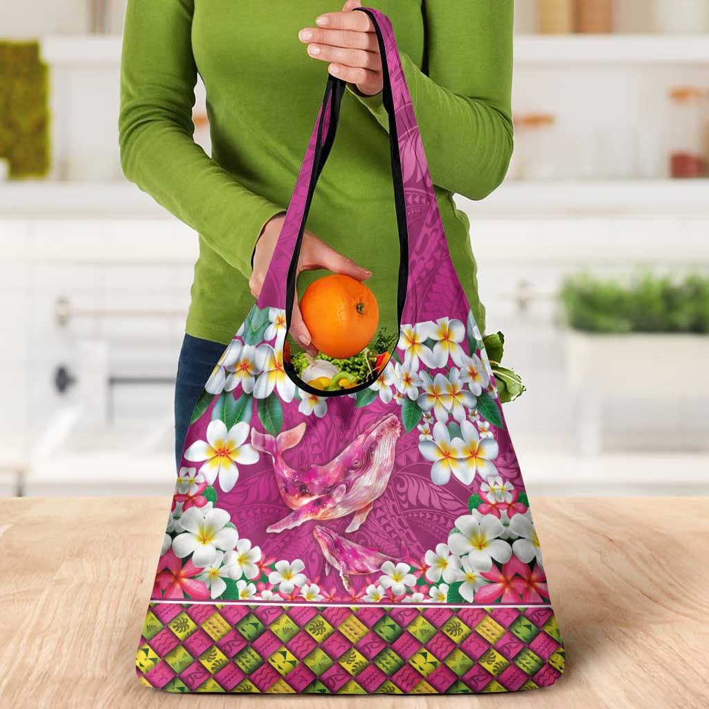 Hawaiian Plumeria and Humpback Whales Grocery Bag Polynerian Art Tattoo-Plum Pink Color