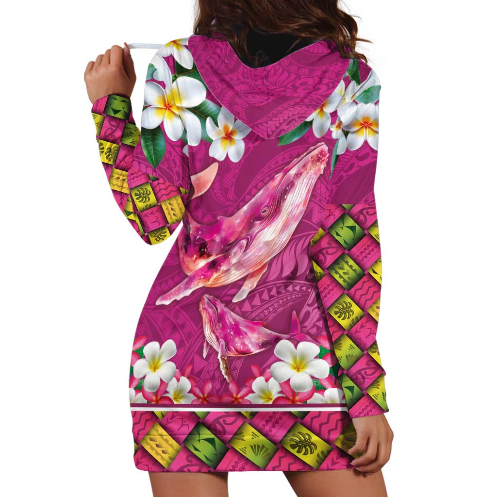 Hawaiian Plumeria and Humpback Whales Hoodie Dress Polynerian Art Tattoo-Plum Pink Color