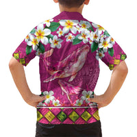 Hawaiian Plumeria and Humpback Whales Kid Hawaiian Shirt Polynerian Art Tattoo-Plum Pink Color