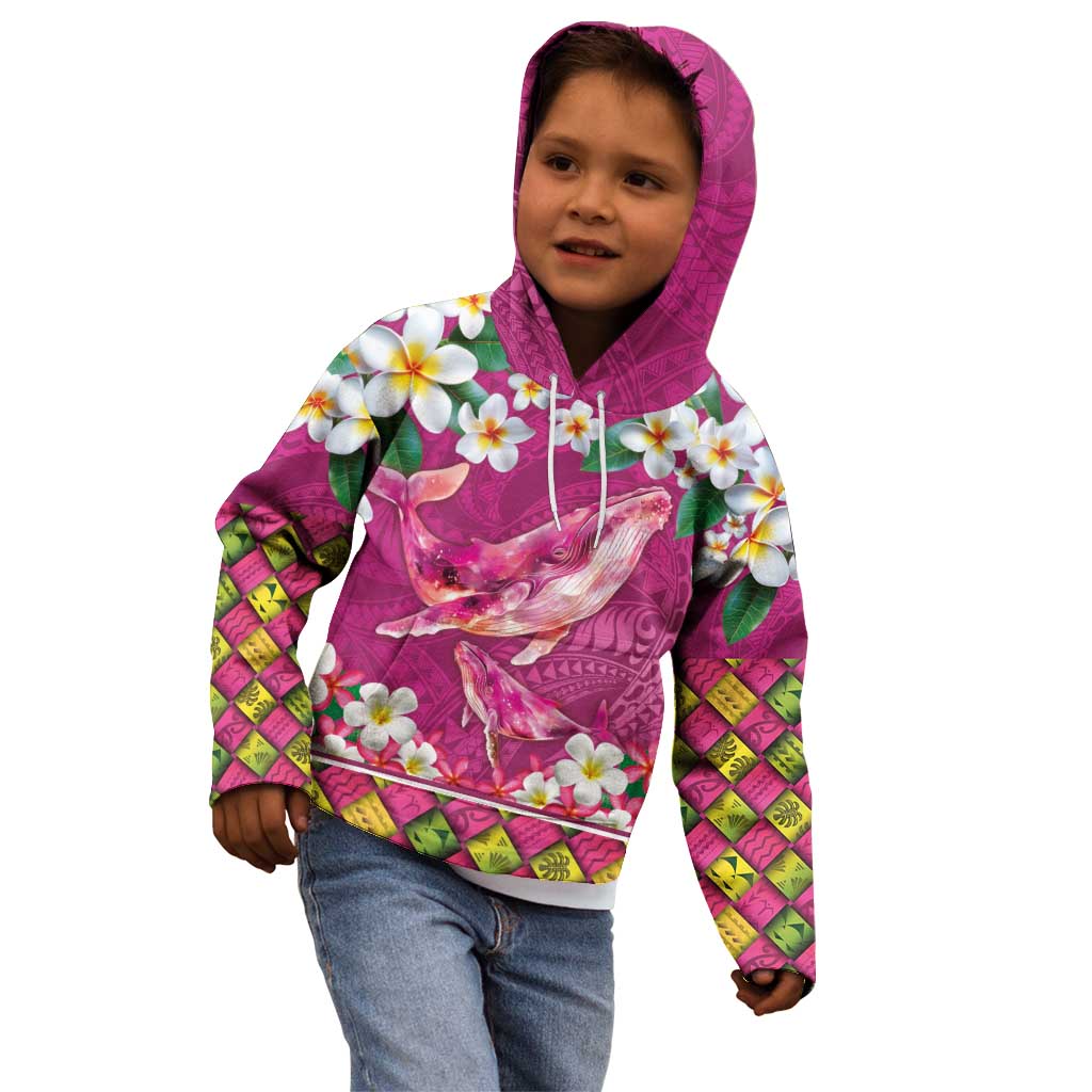 Hawaiian Plumeria and Humpback Whales Kid Hoodie Polynerian Art Tattoo-Plum Pink Color