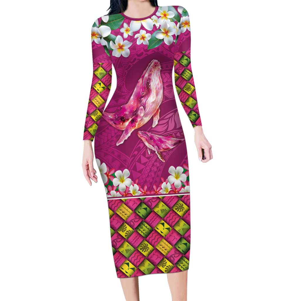 Hawaiian Plumeria and Humpback Whales Long Sleeve Bodycon Dress Polynerian Art Tattoo-Plum Pink Color LT03 Long Dress Pink - Polynesian Pride