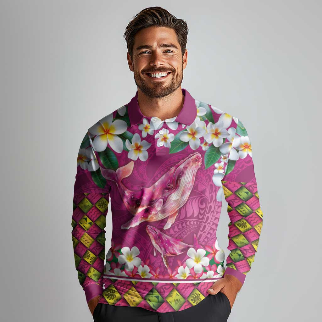 Hawaiian Plumeria and Humpback Whales Long Sleeve Polo Shirt Polynerian Art Tattoo-Plum Pink Color LT03 - Polynesian Pride