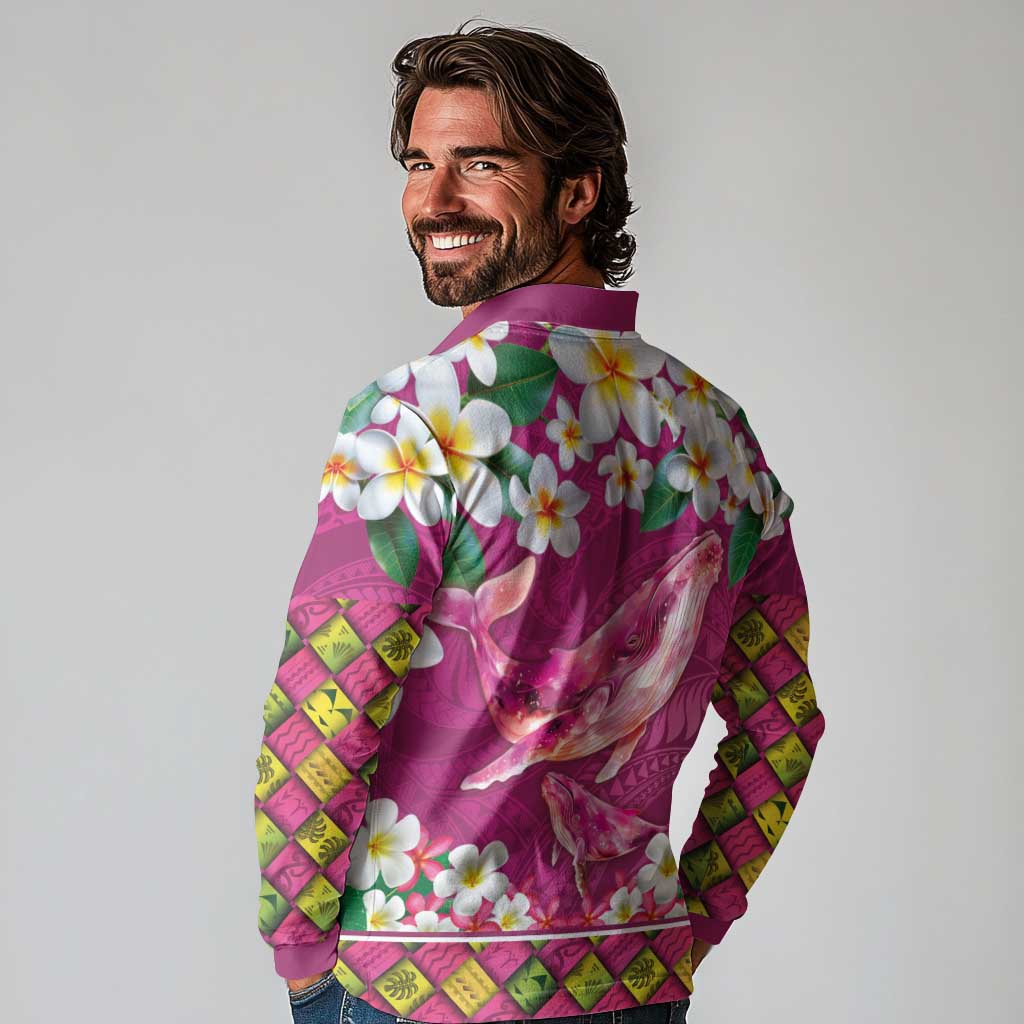 Hawaiian Plumeria and Humpback Whales Long Sleeve Polo Shirt Polynerian Art Tattoo-Plum Pink Color LT03 - Polynesian Pride