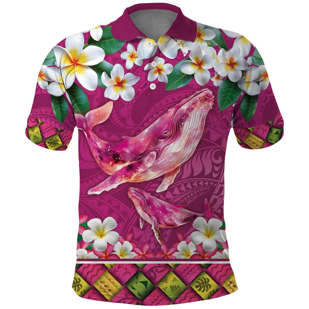 Hawaiian Plumeria and Humpback Whales Polo Shirt Polynerian Art Tattoo-Plum Pink Color