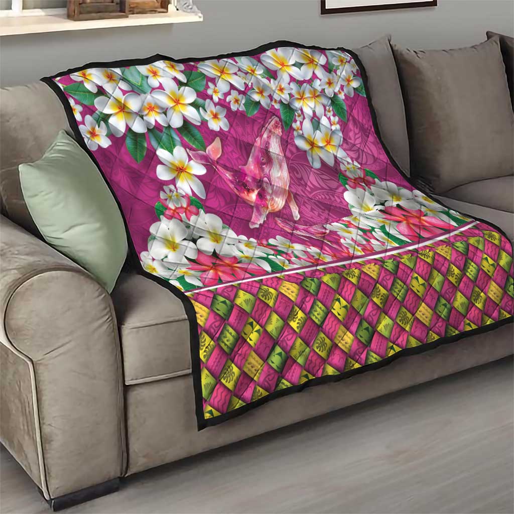 Hawaiian Plumeria and Humpback Whales Quilt Polynerian Art Tattoo-Plum Pink Color