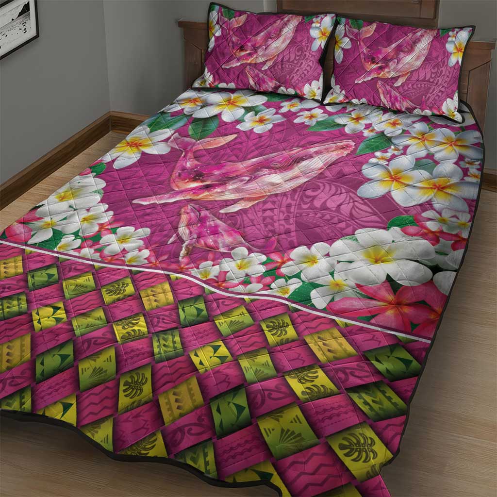 Hawaiian Plumeria and Humpback Whales Quilt Bed Set Polynerian Art Tattoo-Plum Pink Color