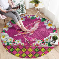 Hawaiian Plumeria and Humpback Whales Round Carpet Polynerian Art Tattoo-Plum Pink Color