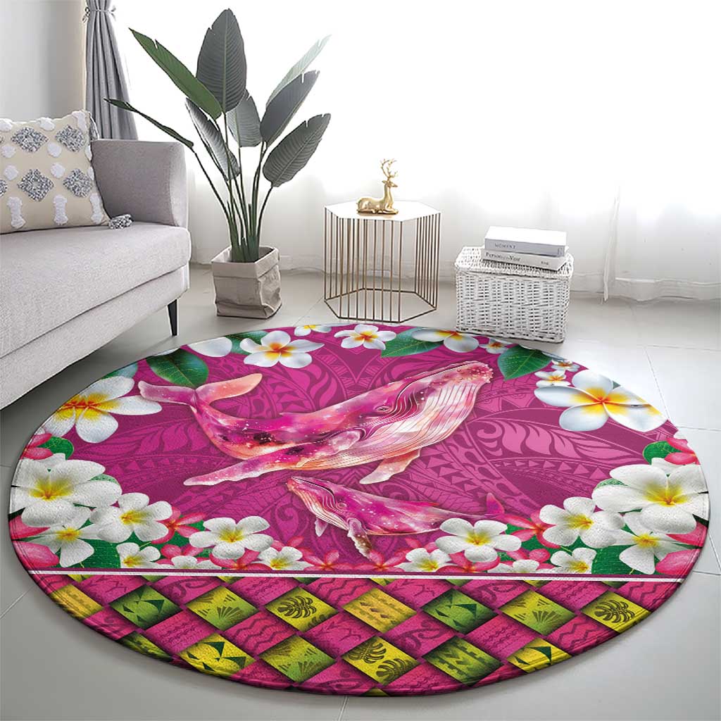 Hawaiian Plumeria and Humpback Whales Round Carpet Polynerian Art Tattoo-Plum Pink Color