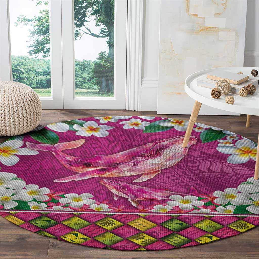 Hawaiian Plumeria and Humpback Whales Round Carpet Polynerian Art Tattoo-Plum Pink Color