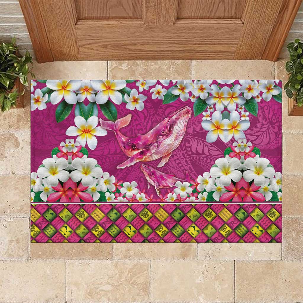 Hawaiian Plumeria and Humpback Whales Rubber Doormat Polynerian Art Tattoo-Plum Pink Color