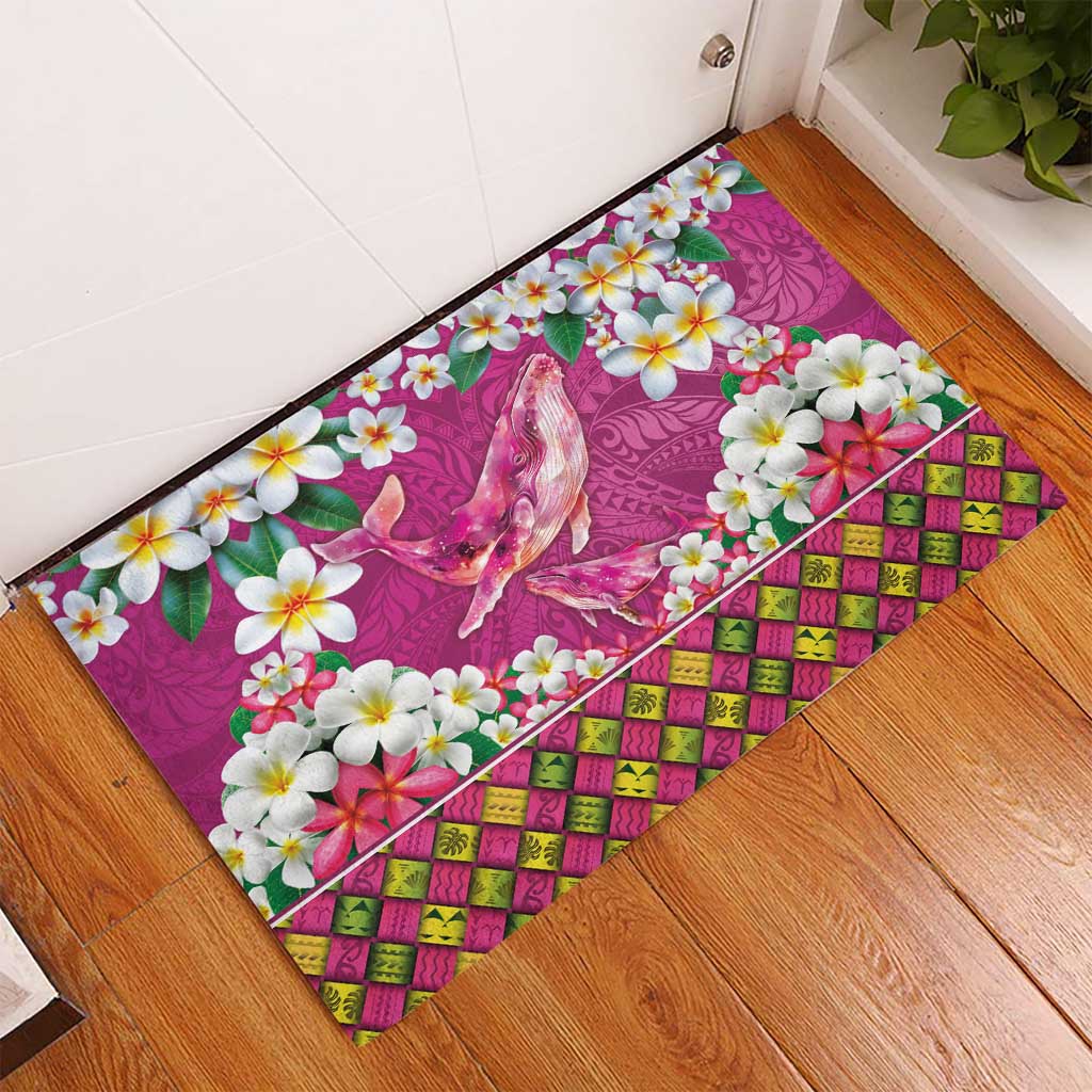 Hawaiian Plumeria and Humpback Whales Rubber Doormat Polynerian Art Tattoo-Plum Pink Color