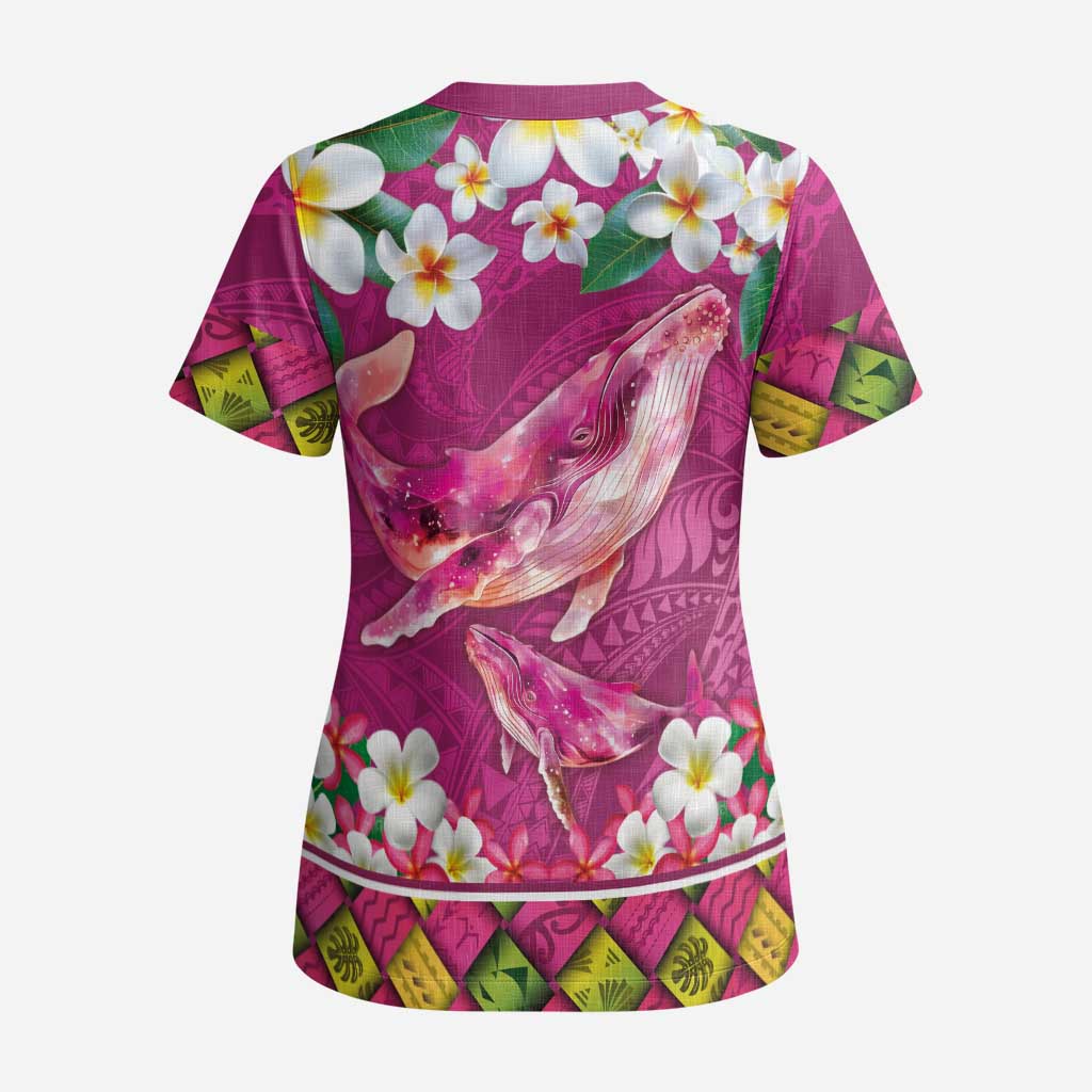 Hawaiian Plumeria and Humpback Whales Scrub Top Polynerian Art Tattoo-Plum Pink Color LT03 - Polynesian Pride