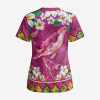 Hawaiian Plumeria and Humpback Whales Scrub Top Polynerian Art Tattoo-Plum Pink Color LT03 - Polynesian Pride